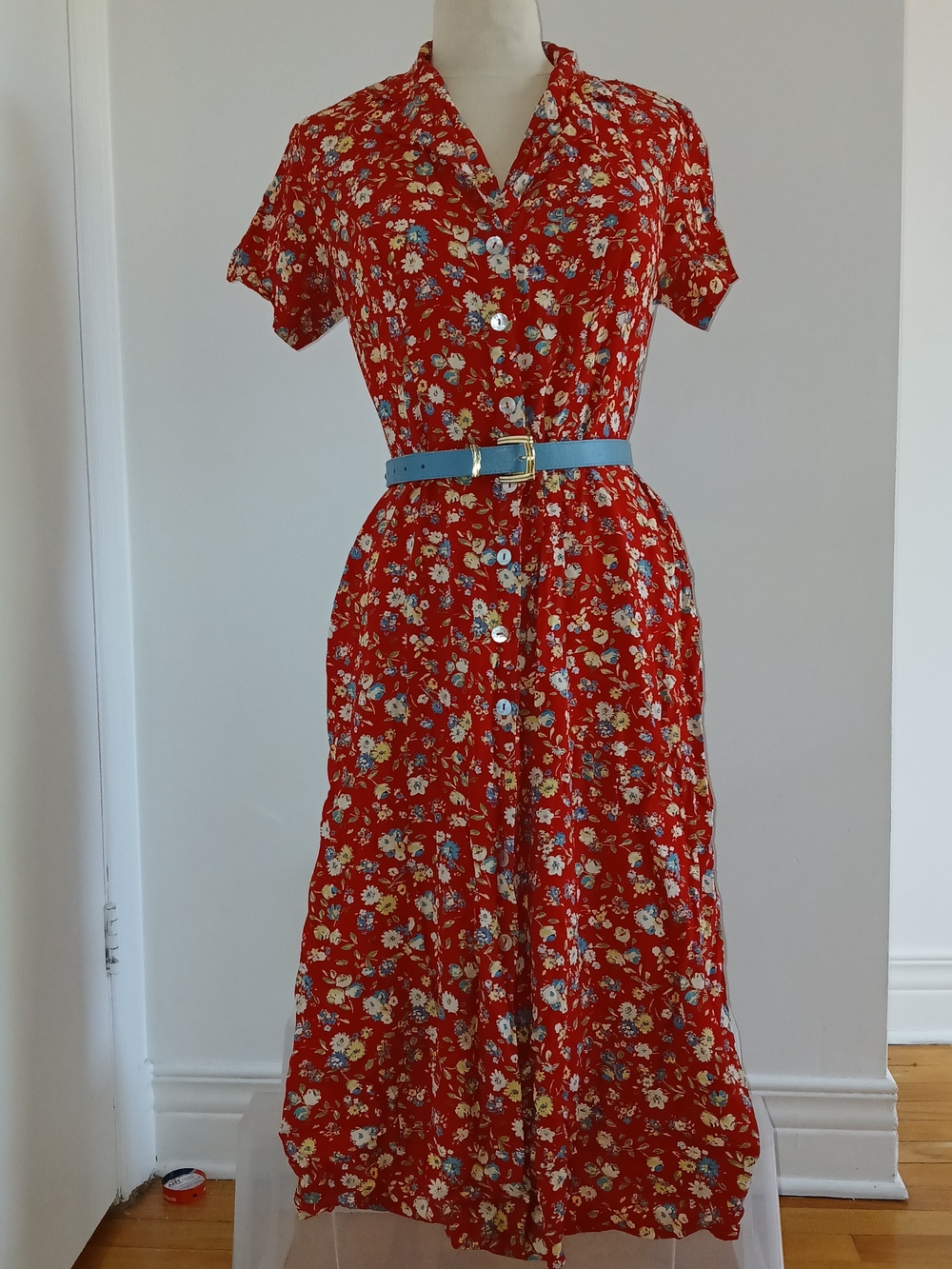 Red Floral Button-Front Women’s Dress